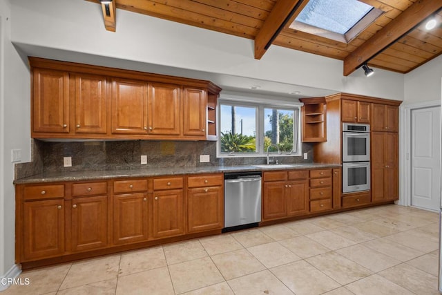 590 Alosta Dr, Camarillo, CA 93010 - kitchen featuring appliances with stainless steel finishes, open shelves, brown cabinetry, wooden ceiling, and a skylight