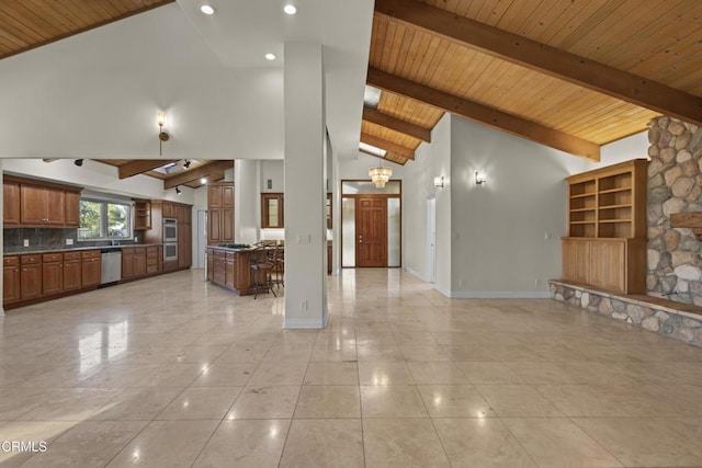 590 Alosta Dr, Camarillo, CA 93010 - unfurnished living room featuring a wood ceiling with exposed beams, high vaulted ceiling, recessed lighting, and light tile patterned floors