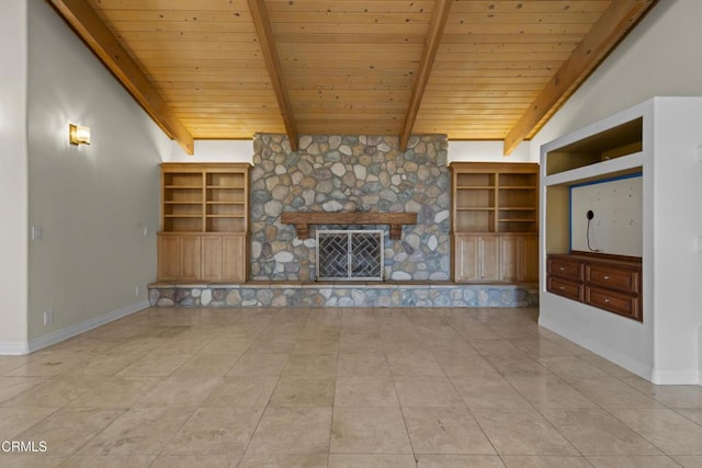 590 Alosta Dr, Camarillo, CA 93010 - unfurnished living room featuring wooden ceiling, a stone fireplace, tile patterned flooring, and built in features