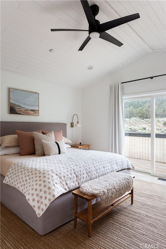 2000 Baldwin Lake Rd, Big Bear City, CA 92314 - bedroom featuring access to outside, lofted ceiling, and ceiling fan