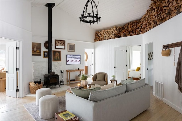 2000 Baldwin Lake Rd, Big Bear City, CA 92314 - living room featuring a wood stove, high vaulted ceiling, and light wood-style floors