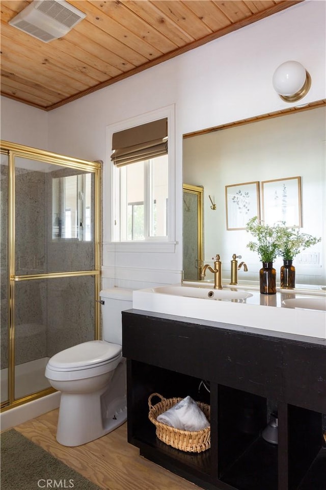2000 Baldwin Lake Rd, Big Bear City, CA 92314 - bathroom featuring wood ceiling, ornamental molding, vanity, and a stall shower