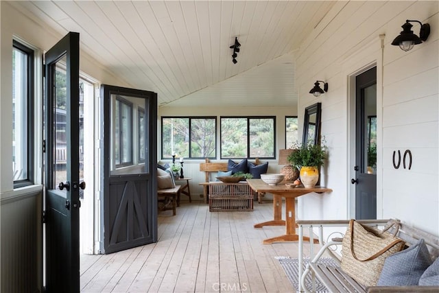 2000 Baldwin Lake Rd, Big Bear City, CA 92314 - sunroom featuring lofted ceiling, wood-type flooring, and wood ceiling