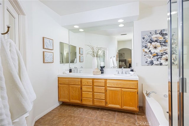 42355 Mountain View Ct, Murrieta, CA 92562 - full bath with double vanity, a bath, recessed lighting, a shower stall, and tile patterned floors