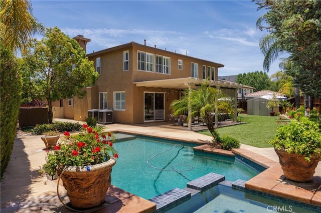 42355 Mountain View Ct, Murrieta, CA 92562 - view of swimming pool with a shed, a pergola, a patio area, and a pool with connected hot tub