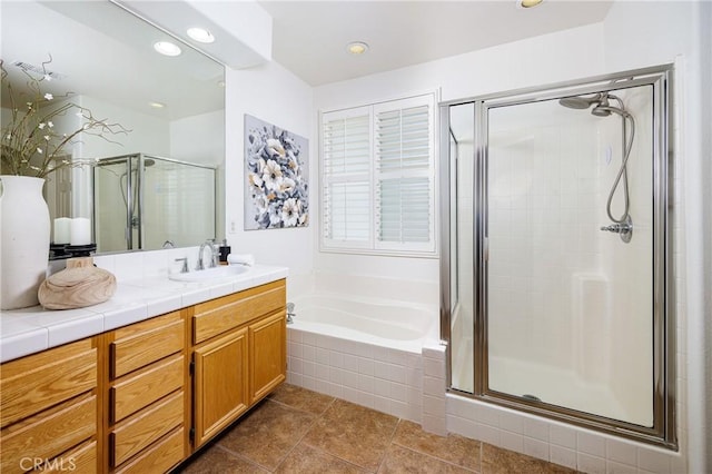 42355 Mountain View Ct, Murrieta, CA 92562 - full bath with a shower stall, a garden tub, vanity, tile patterned floors, and recessed lighting