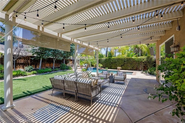 42355 Mountain View Ct, Murrieta, CA 92562 - fenced backyard with an outdoor living space, a pergola, and a patio area