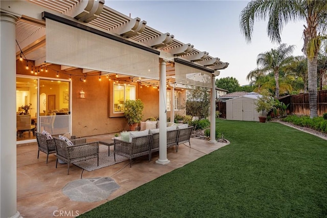 42355 Mountain View Ct, Murrieta, CA 92562 - view of patio with a storage shed, a pergola, and outdoor lounge area