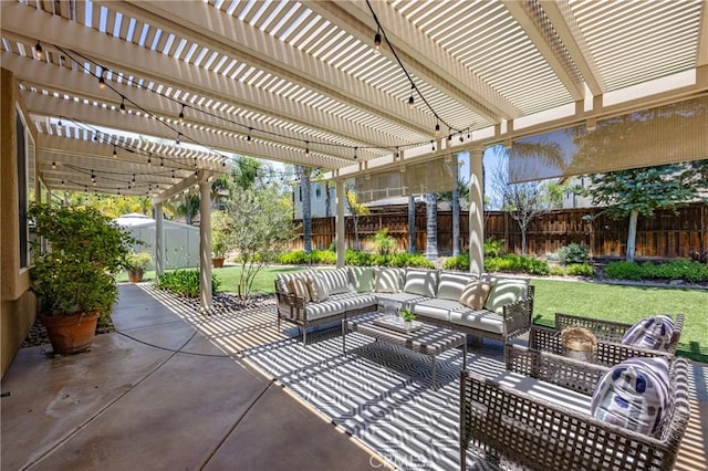 42355 Mountain View Ct, Murrieta, CA 92562 - fenced backyard with outdoor lounge area, a storage shed, a patio, and a pergola