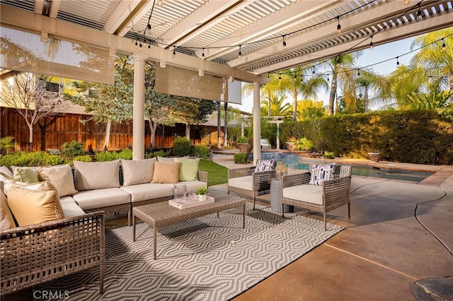 42355 Mountain View Ct, Murrieta, CA 92562 - fenced backyard with an outdoor living space, a pergola, and a patio