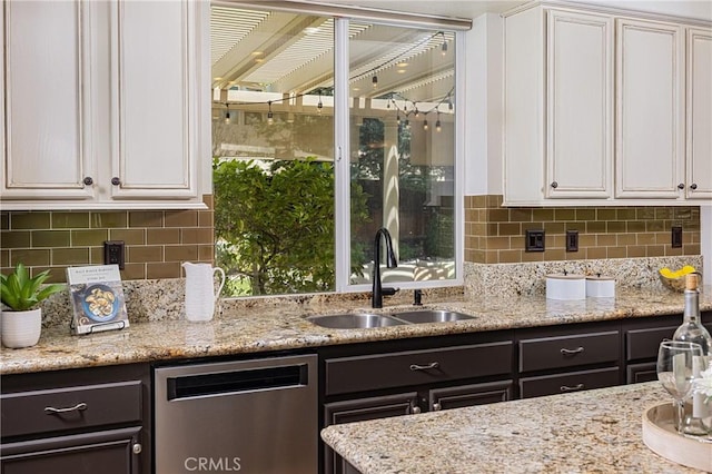42355 Mountain View Ct, Murrieta, CA 92562 - kitchen featuring stainless steel dishwasher, white cabinets, backsplash, and light stone counters