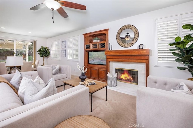 42355 Mountain View Ct, Murrieta, CA 92562 - living area with a fireplace, ceiling fan, carpet, and recessed lighting