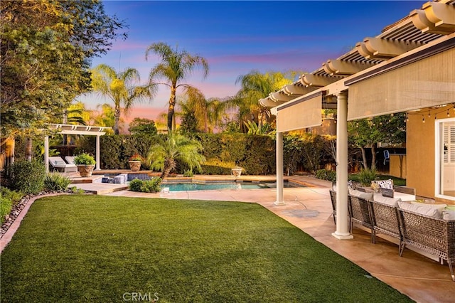 42355 Mountain View Ct, Murrieta, CA 92562 - yard at dusk with a pergola, an outdoor hangout area, a lawn, and a patio