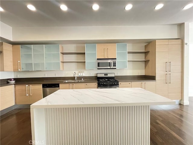 1234 Wilshire Blvd Unit 127, Los Angeles, CA 90017 - kitchen with appliances with stainless steel finishes, open shelves, dark wood-style floors, modern cabinets, and recessed lighting