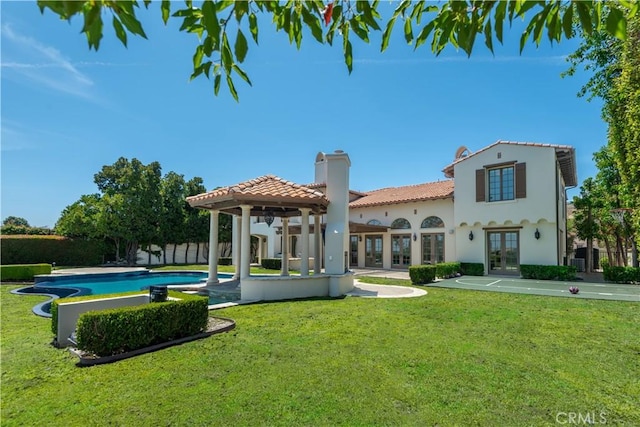25471 Prado De Oro, Calabasas, CA 91302 - rear view of house with french doors, a gazebo, a tile roof, stucco siding, and a chimney