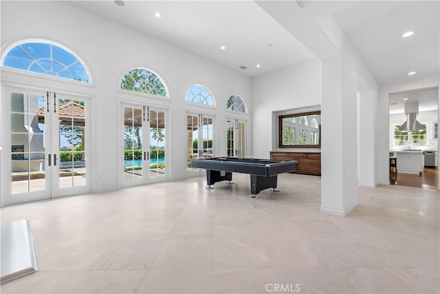 25471 Prado De Oro, Calabasas, CA 91302 - recreation room with french doors, billiards, recessed lighting, and a towering ceiling
