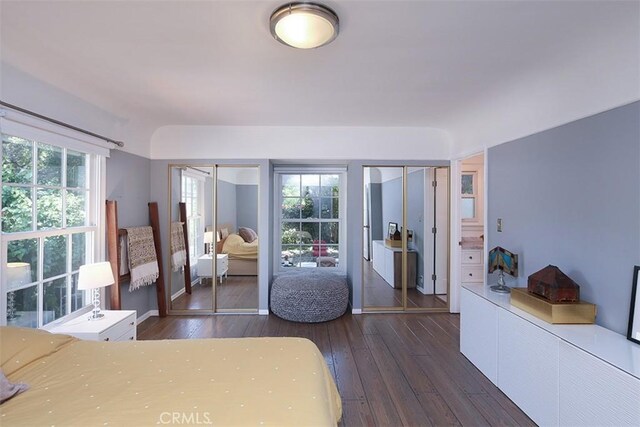 2450 Hermosita Dr, Glendale, CA 91208 - bedroom featuring multiple windows, dark wood-style floors, and two closets