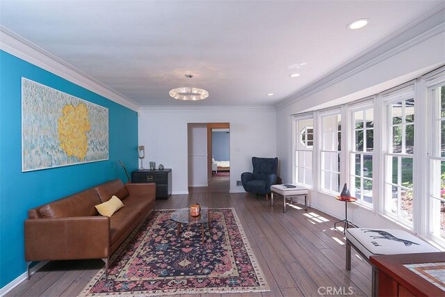 2450 Hermosita Dr, Glendale, CA 91208 - living area featuring ornamental molding, wood-type flooring, a chandelier, and recessed lighting