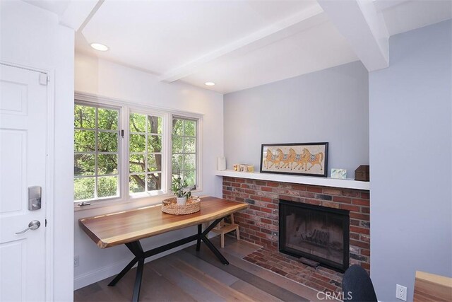 2450 Hermosita Dr, Glendale, CA 91208 - living room featuring wood finished floors, beamed ceiling, a fireplace, and recessed lighting