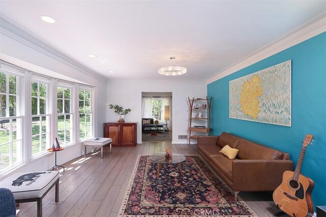 2450 Hermosita Dr, Glendale, CA 91208 - living room with a chandelier, hardwood / wood-style floors, crown molding, and recessed lighting