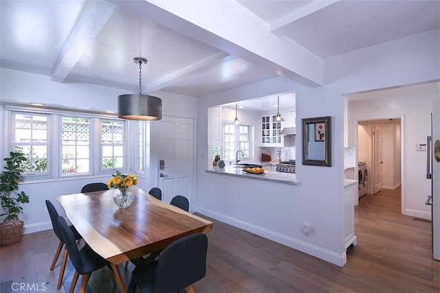 2450 Hermosita Dr, Glendale, CA 91208 - dining room with washer and dryer, beamed ceiling, and wood finished floors