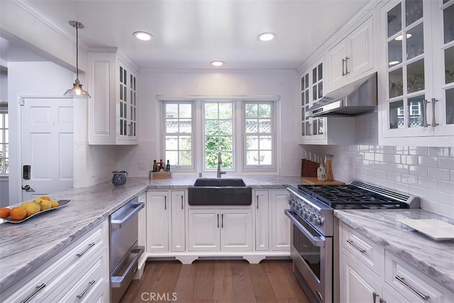 2450 Hermosita Dr, Glendale, CA 91208 - kitchen with stainless steel appliances, under cabinet range hood, white cabinetry, dark wood-style floors, and decorative backsplash