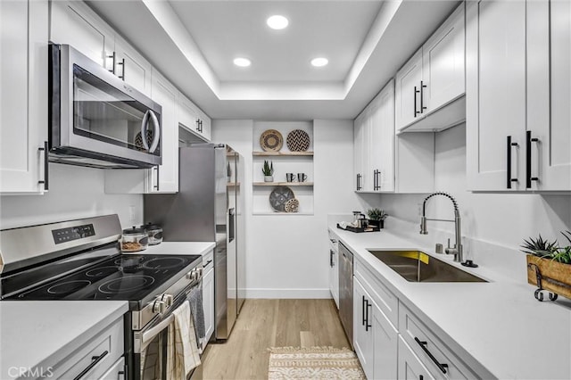 25611 Quail Run Unit 77, Dana Point, CA 92629 - kitchen with appliances with stainless steel finishes, light wood-style floors, light countertops, recessed lighting, and a tray ceiling