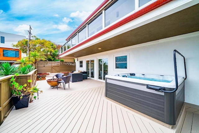 231 5th St, Encinitas, CA 92024 - wooden deck with a hot tub and a fire pit