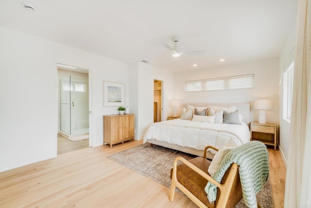 231 5th St, Encinitas, CA 92024 - bedroom with light wood-style floors, multiple windows, recessed lighting, ceiling fan, and ensuite bath