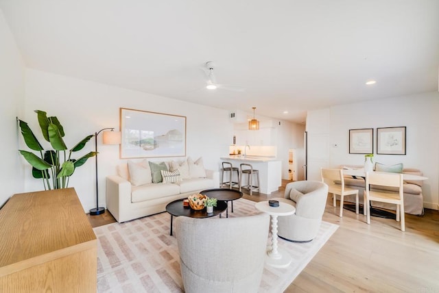 231 5th St, Encinitas, CA 92024 - living room featuring light wood-style floors, a ceiling fan, and recessed lighting