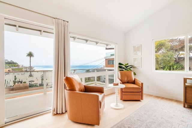 231 5th St, Encinitas, CA 92024 - living area featuring wood finished floors, vaulted ceiling, and a water view