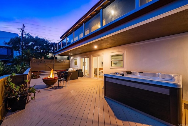231 5th St, Encinitas, CA 92024 - deck featuring a hot tub, an outdoor fire pit, and a patio area
