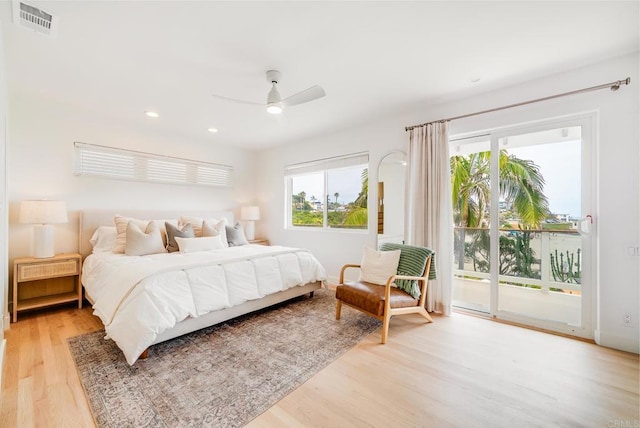 231 5th St, Encinitas, CA 92024 - bedroom with access to outside, light wood-type flooring, ceiling fan, and recessed lighting