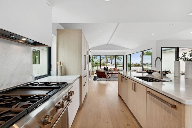 2052 Montgomery Ave, Cardiff By The Sea, CA 92007 - kitchen with open floor plan, light brown cabinetry, lofted ceiling, light wood-style floors, and a center island with sink