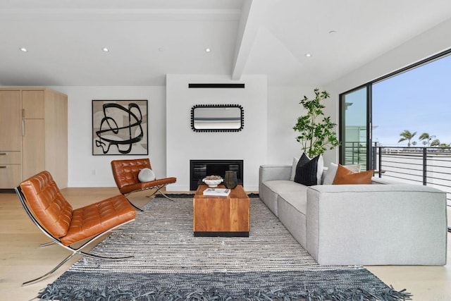 2052 Montgomery Ave, Cardiff By The Sea, CA 92007 - living area with lofted ceiling, a glass covered fireplace, light wood-type flooring, and recessed lighting