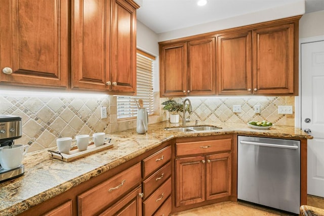915 Lake Ridge Dr, San Marcos, CA 92078 - kitchen featuring dishwasher, light stone counters, brown cabinetry, and recessed lighting