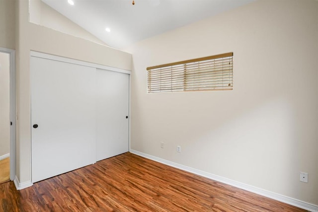 915 Lake Ridge Dr, San Marcos, CA 92078 - unfurnished bedroom with a closet, wood finished floors, recessed lighting, vaulted ceiling, and a ceiling fan