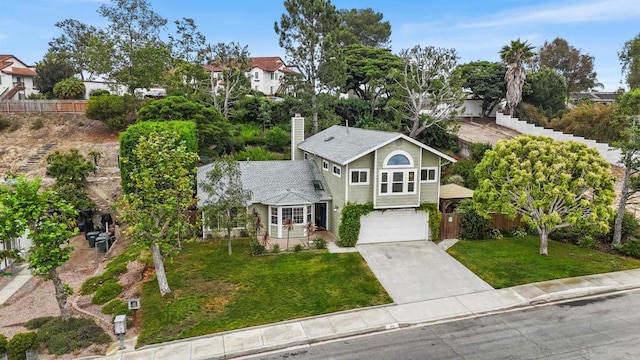 915 Lake Ridge Dr, San Marcos, CA 92078 - view of front of house featuring driveway, an attached garage, a chimney, and roof with shingles