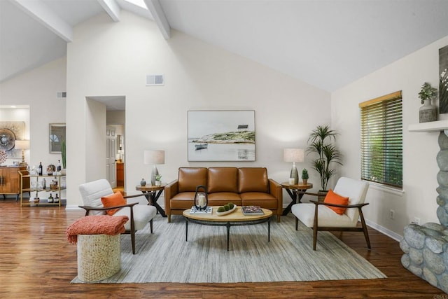 915 Lake Ridge Dr, San Marcos, CA 92078 - living room with wood finished floors, high vaulted ceiling, and beamed ceiling
