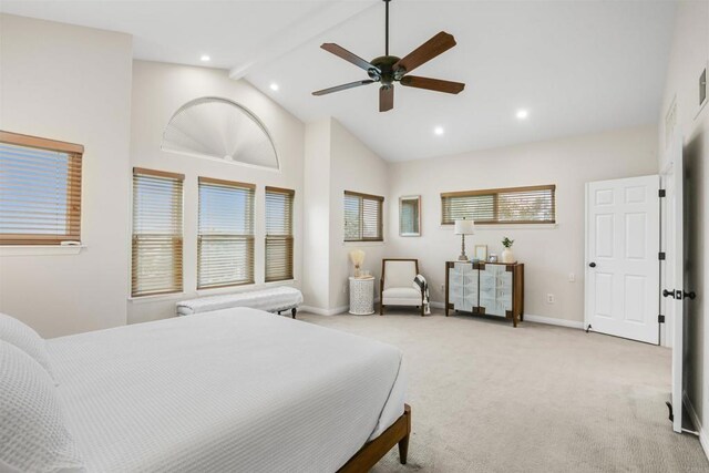 915 Lake Ridge Dr, San Marcos, CA 92078 - bedroom with light carpet, beamed ceiling, recessed lighting, high vaulted ceiling, and a ceiling fan