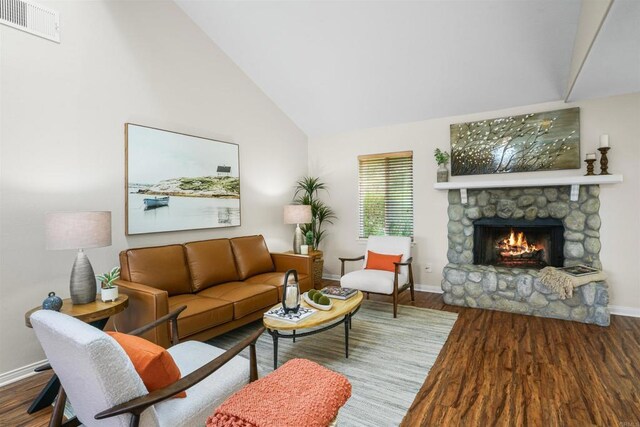 915 Lake Ridge Dr, San Marcos, CA 92078 - living room featuring a fireplace, wood finished floors, and high vaulted ceiling