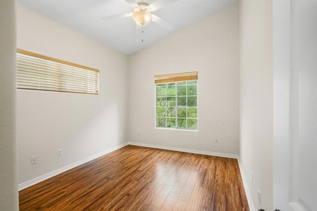 915 Lake Ridge Dr, San Marcos, CA 92078 - unfurnished room with wood finished floors, lofted ceiling, and a ceiling fan
