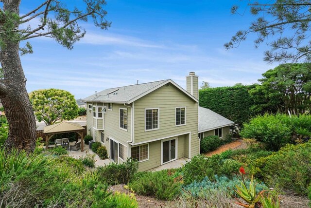 915 Lake Ridge Dr, San Marcos, CA 92078 - rear view of property with a gazebo, a patio, and a chimney