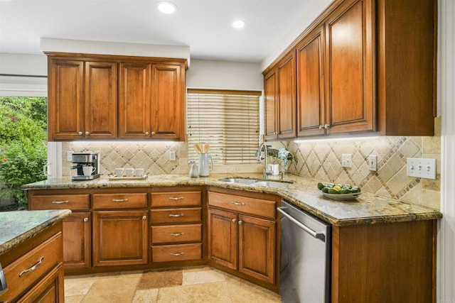 915 Lake Ridge Dr, San Marcos, CA 92078 - kitchen with dishwasher, light stone counters, recessed lighting, tasteful backsplash, and brown cabinets