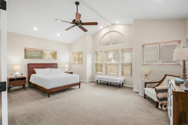 915 Lake Ridge Dr, San Marcos, CA 92078 - carpeted bedroom with beam ceiling, a ceiling fan, recessed lighting, and high vaulted ceiling