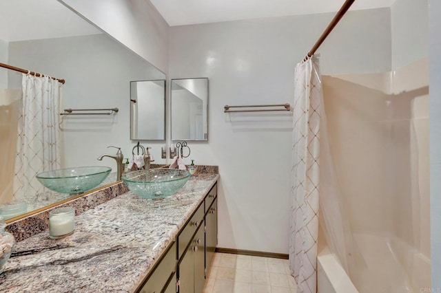 13779 Whispering Meadows Ln, Jamul, CA 91935 - bathroom featuring shower / tub combo, double vanity, and tile patterned flooring