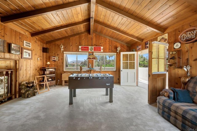 13779 Whispering Meadows Ln, Jamul, CA 91935 - game room with healthy amount of natural light, wooden walls, carpet floors, and wooden ceiling