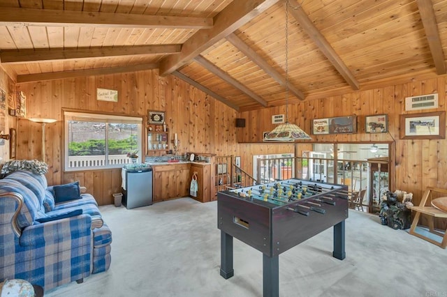 13779 Whispering Meadows Ln, Jamul, CA 91935 - playroom featuring wood walls, light colored carpet, and wood ceiling