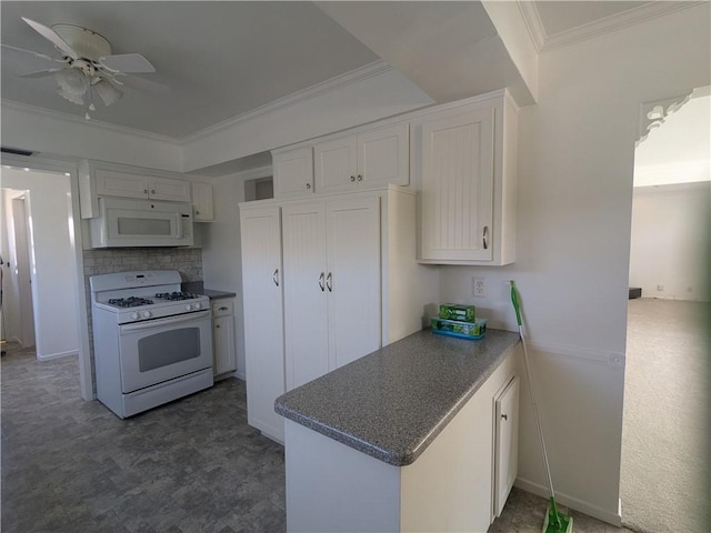 639 Scottdale Ave, Glendora, CA 91740 - kitchen with white appliances, white cabinetry, ceiling fan, ornamental molding, and a peninsula