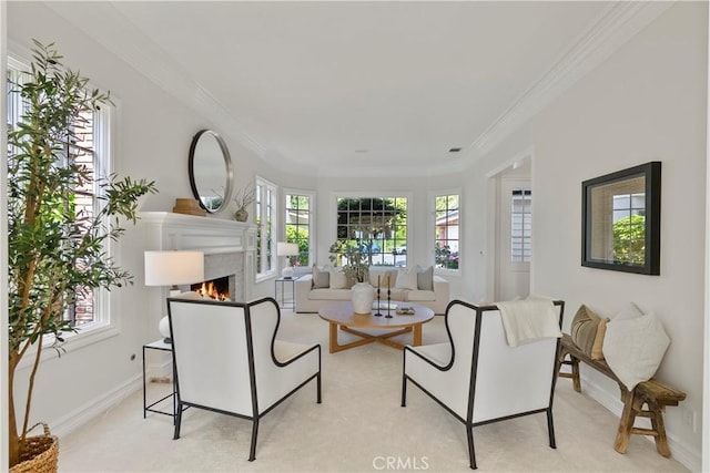 7 Belmont, Newport Beach, CA 92660 - living area featuring a warm lit fireplace, ornamental molding, and light carpet